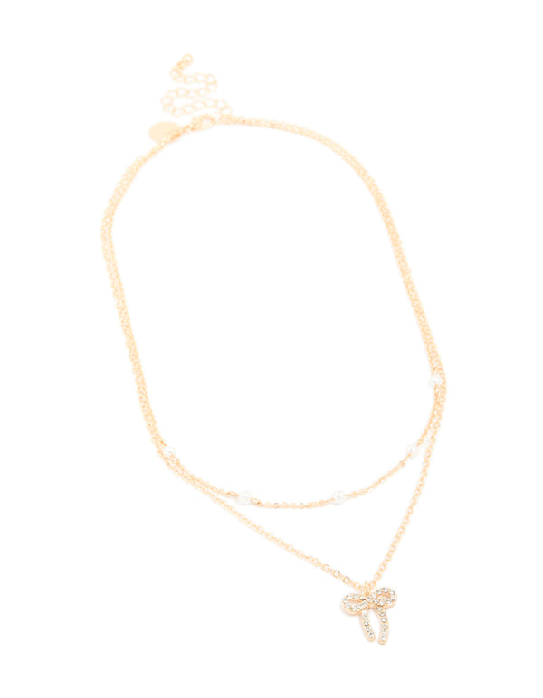 Gold Station Pearl & Diamante Bow Layered Necklace