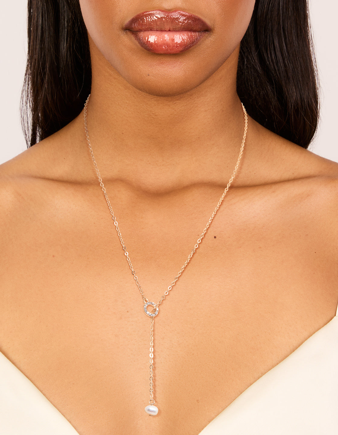Gold Diamante Pearl Chain Y-Necklace
