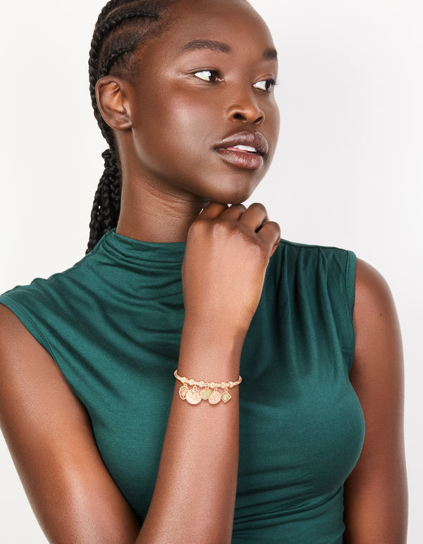 Gold Green Diamante Heart & Disc Charm Bangle