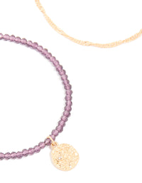 Gold Purple Beaded & Layered Chain Bracelets 2-Pack - link has visual effect only