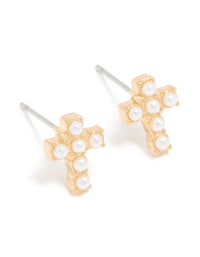 Gold Pearl Inlay Cross Stud Earrings - link has visual effect only