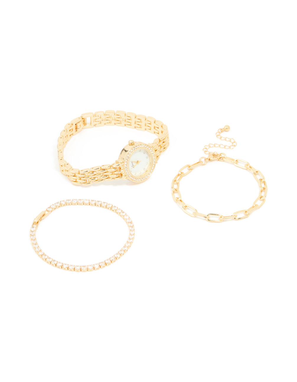 Showcasing a gold diamante watch and bracelets set featuring cubic zirconia accents with white dial stone look round shape for women casual occasions analog link band front view
