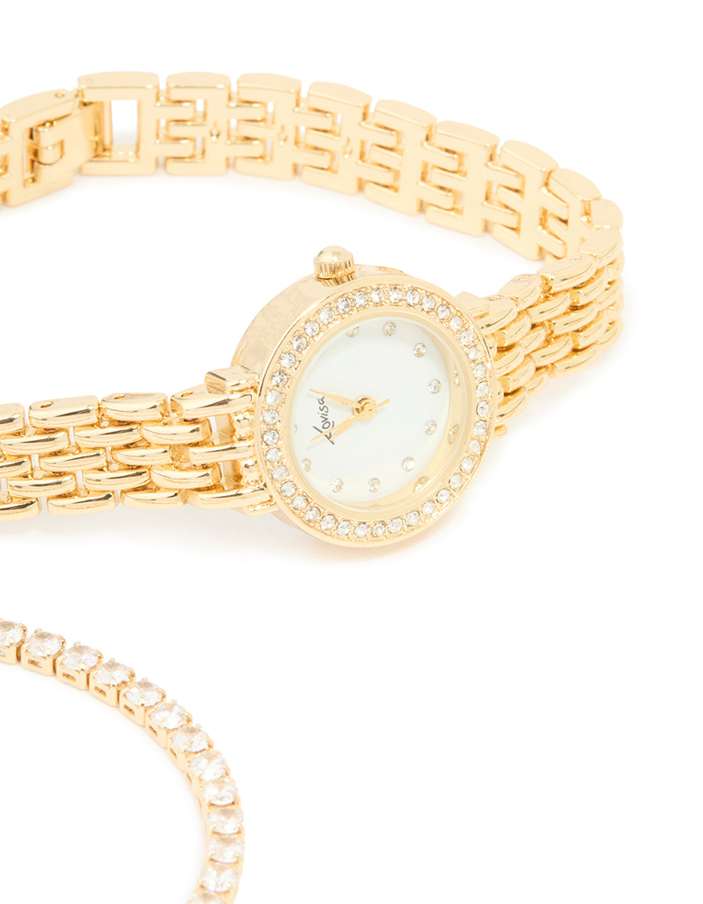 Crafted with cubic zirconia this gold diamante watch and bracelets set showcases white dial stone look round shape for women casual occasions analog link band watch face detail view