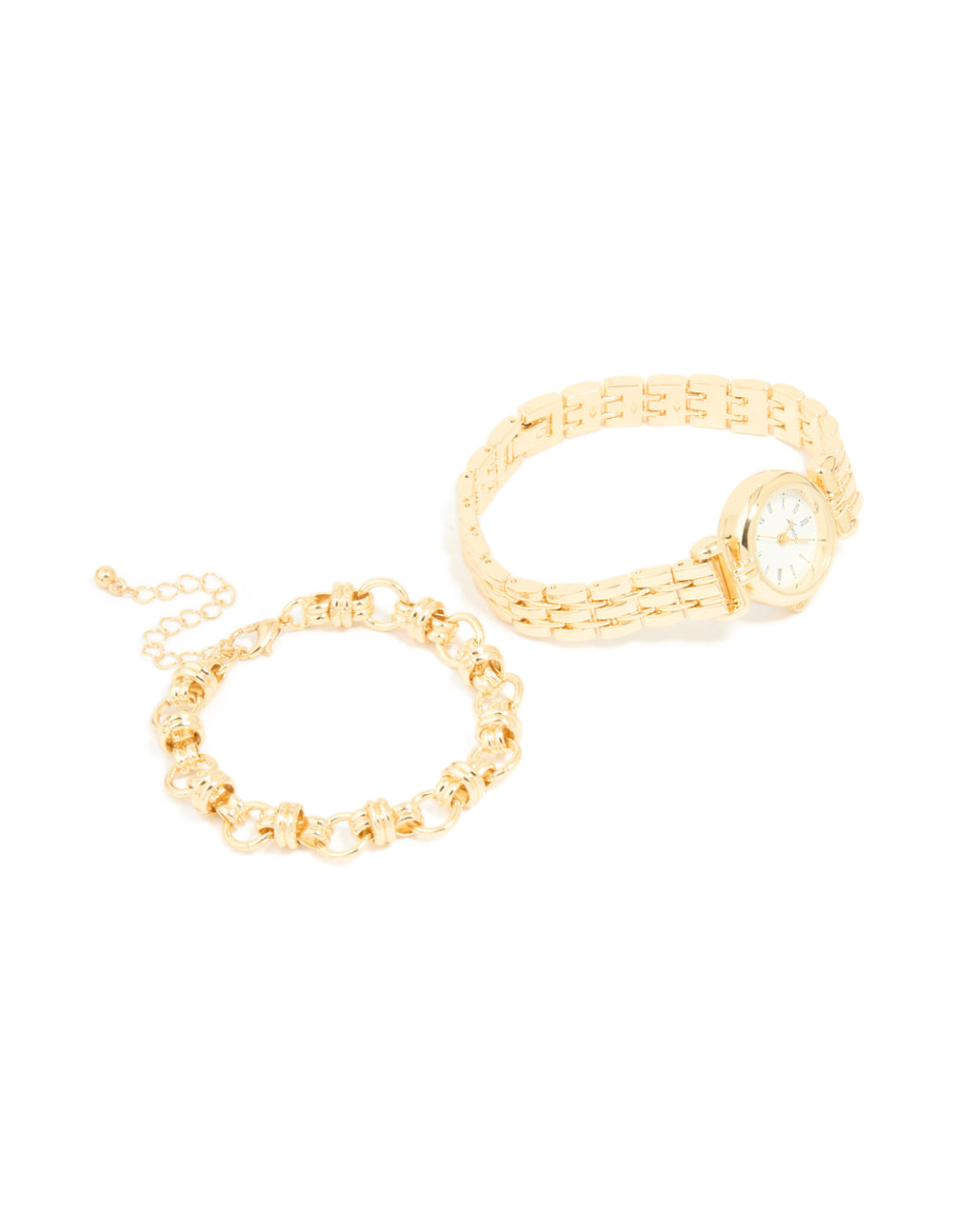 Featuring a gold chain bracelet and watch set with white dial, roman numerals, round shape, link band strap, designed for women, ideal for formal occasions in a statement style front view