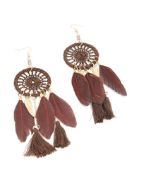 Gold Burgundy Feather & Brown Fabric Dreamcatcher Drop Earrings - link has visual effect only