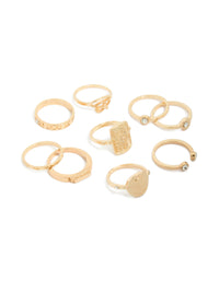 Beautifully crafted gold diamante Roman numeral rings 9-pack with disc features and dainty styling front view - link has visual effect only