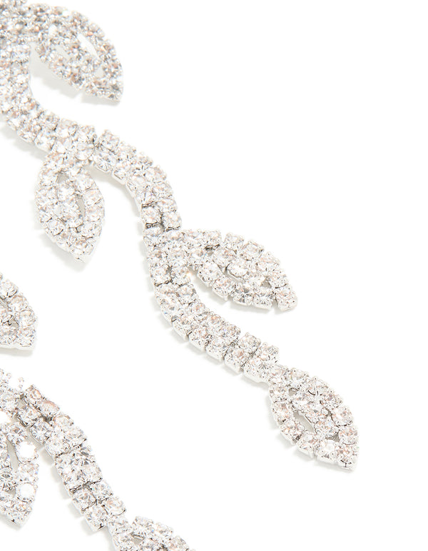 Silver Diamante Leaf Drop Earrings