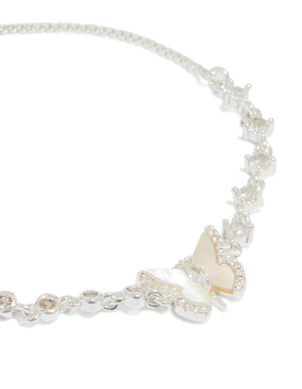 Elegant toggle bracelet crafted from silver plated metal featuring cubic zirconia butterfly inlay details close up view