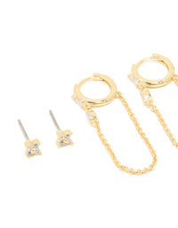 Gold Plated Cubic Zirconia Flower Studs & Huggie Earrings 4-Pack - link has visual effect only