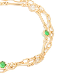Gold Plated Emerald Cubic Zirconia Detail Layered Bracelet - link has visual effect only