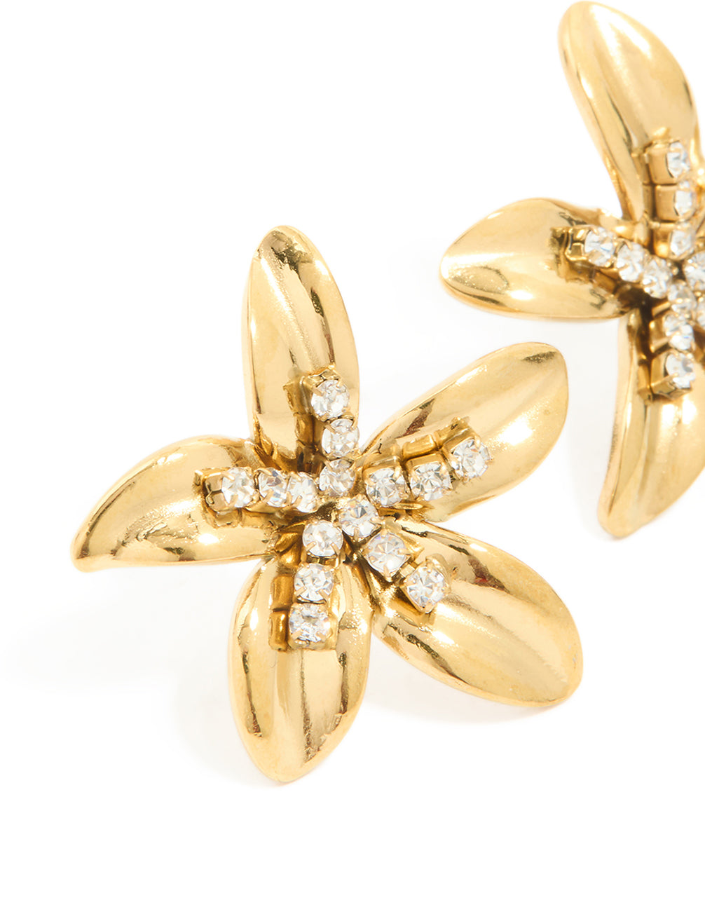 Capturing floral design stud earrings with waterproof gold plated stainless steel, cubic zirconia stones, crystal elements, and clear accents close up view