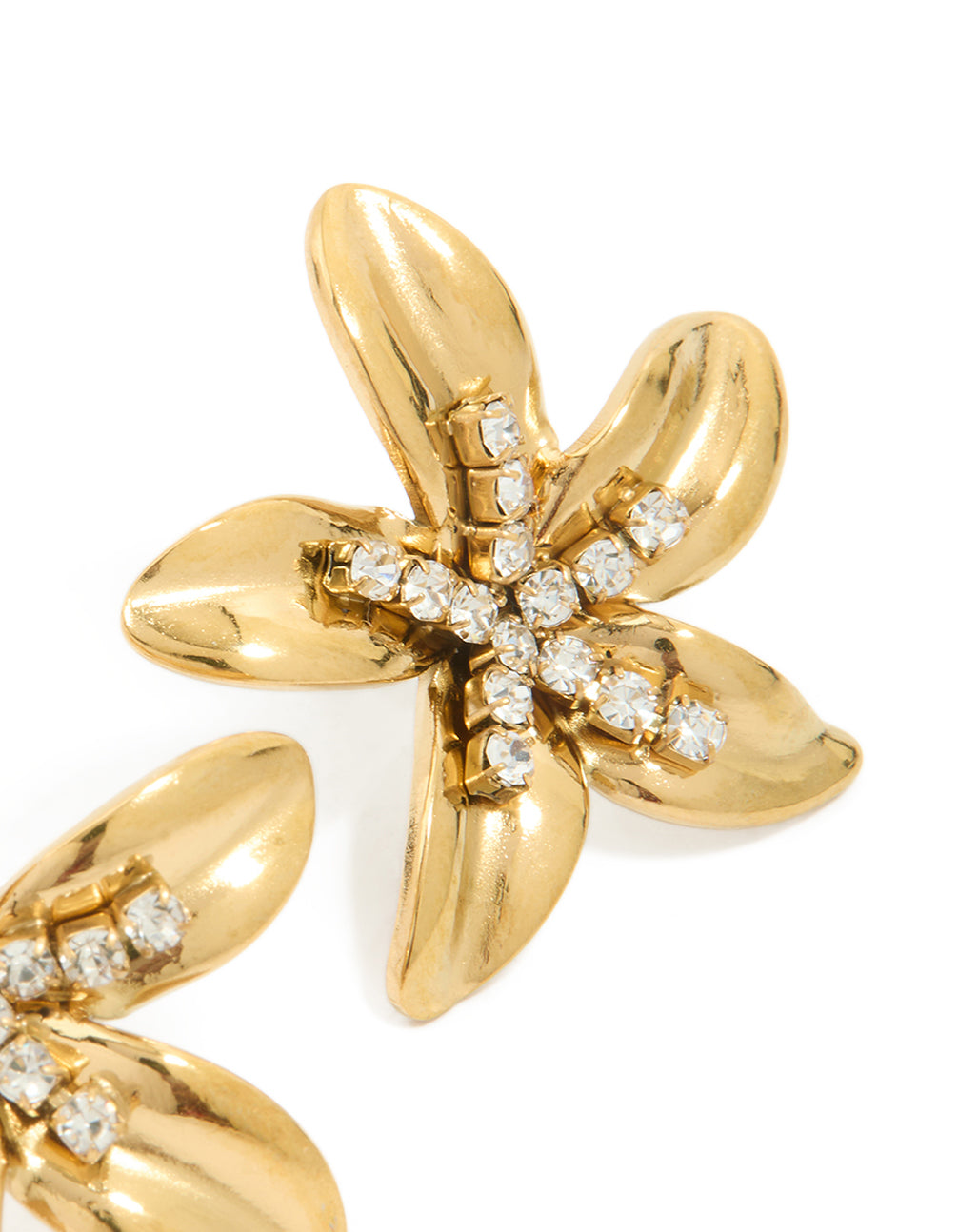Highlighting floral design stud earrings featuring waterproof gold plated stainless steel construction, cubic zirconia stones, crystal center, and clear details post detail view