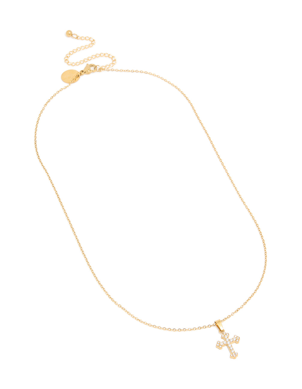 Presenting a waterproof cross pendant necklace in gold plated stainless steel with adjustable chain front view