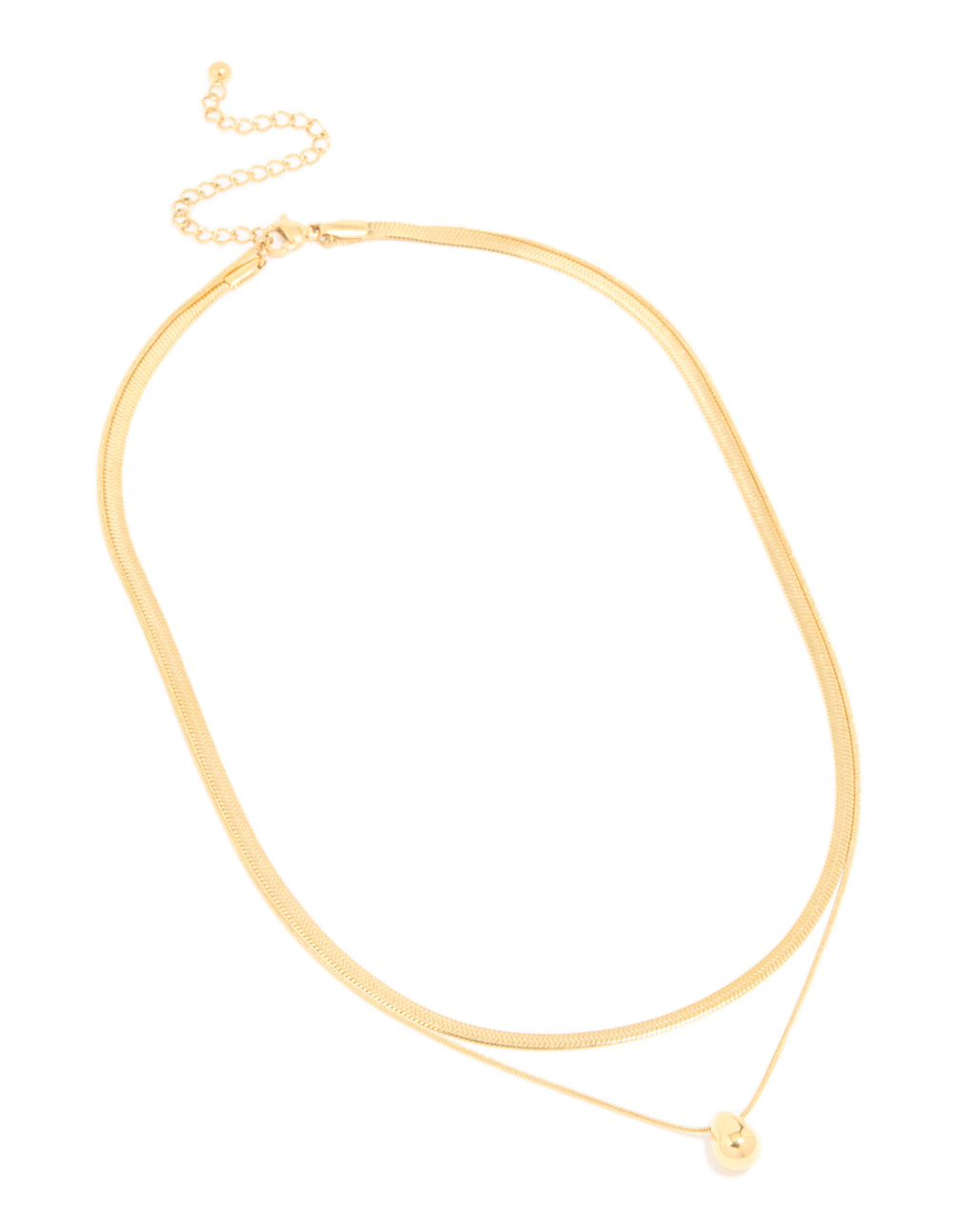 Featuring this waterproof layered necklace with snake chain in gold plated stainless steel front view