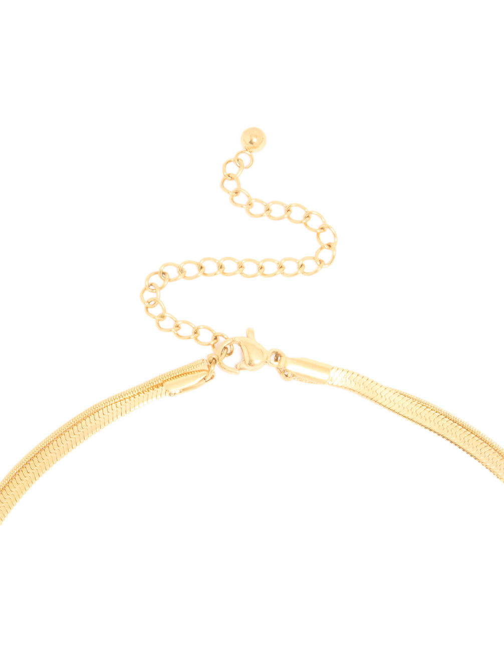 Explore this waterproof layered necklace with adjustable closure, snake chain design in gold plated stainless steel clasp detail view