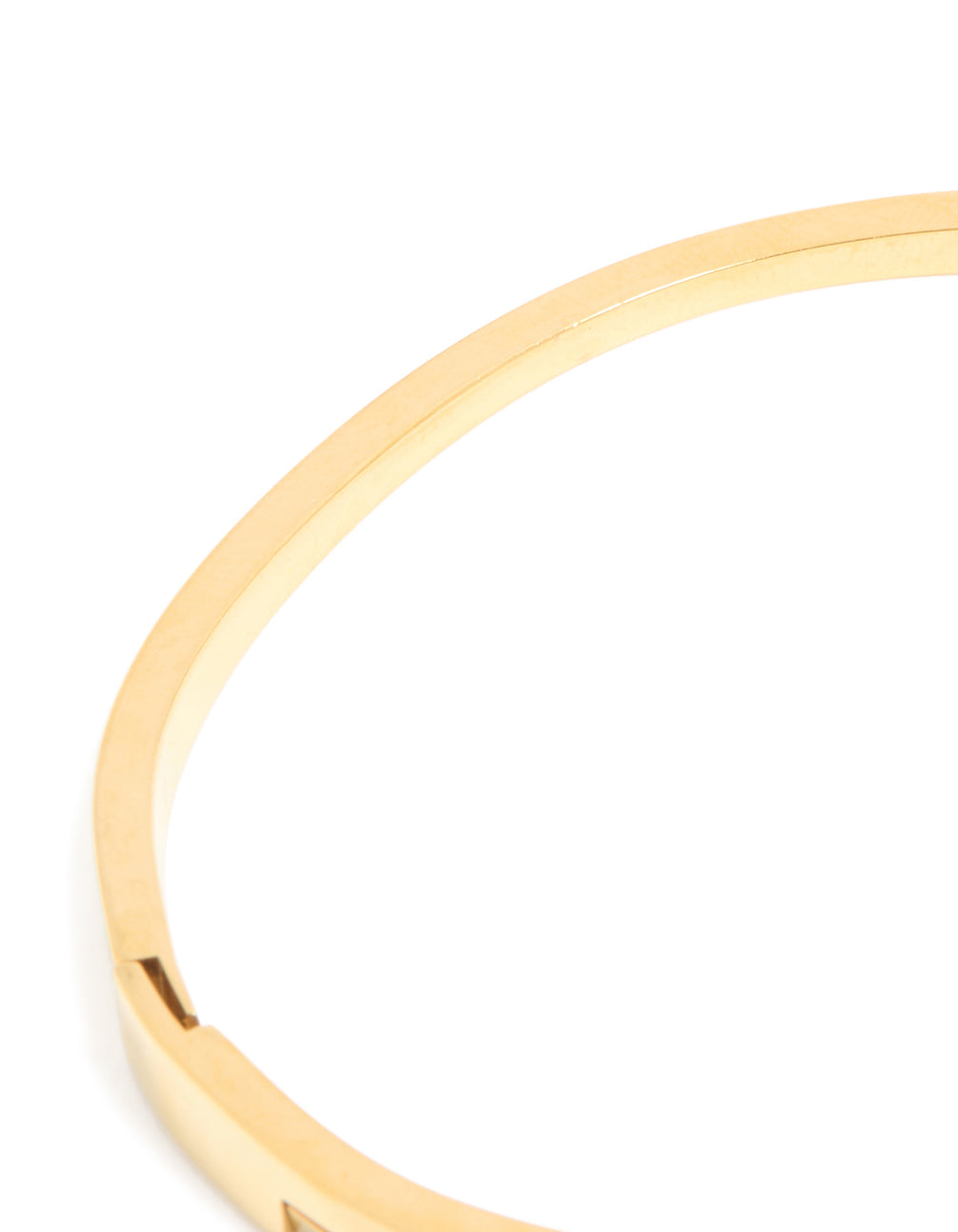 Expertly crafted waterproof gold plated stainless steel diamante roman numeral hinged bangle with statement design closure detail view
