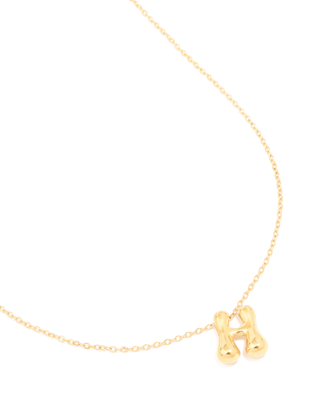 Showcasing a waterproof gold plated stainless steel bubble letter H initial pendant necklace close up view