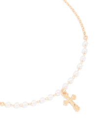 Gold Pearl Cross Pendant Necklace - link has visual effect only
