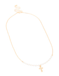 Gold Pearl Cross Pendant Necklace - link has visual effect only
