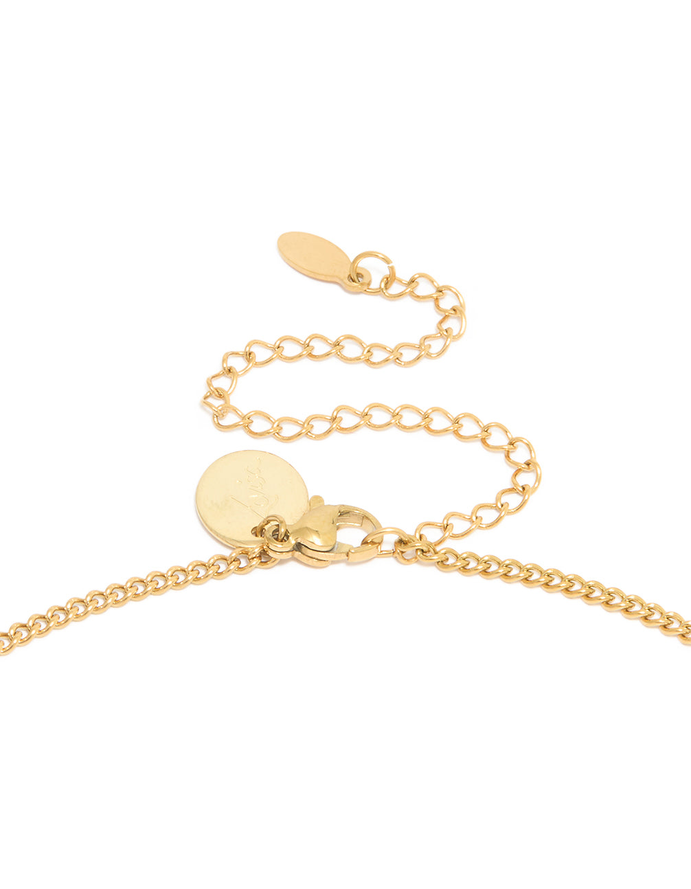 Detailed view of waterproof pendant with Sagittarius star sign in gold plated stainless steel necklace clasp detail view