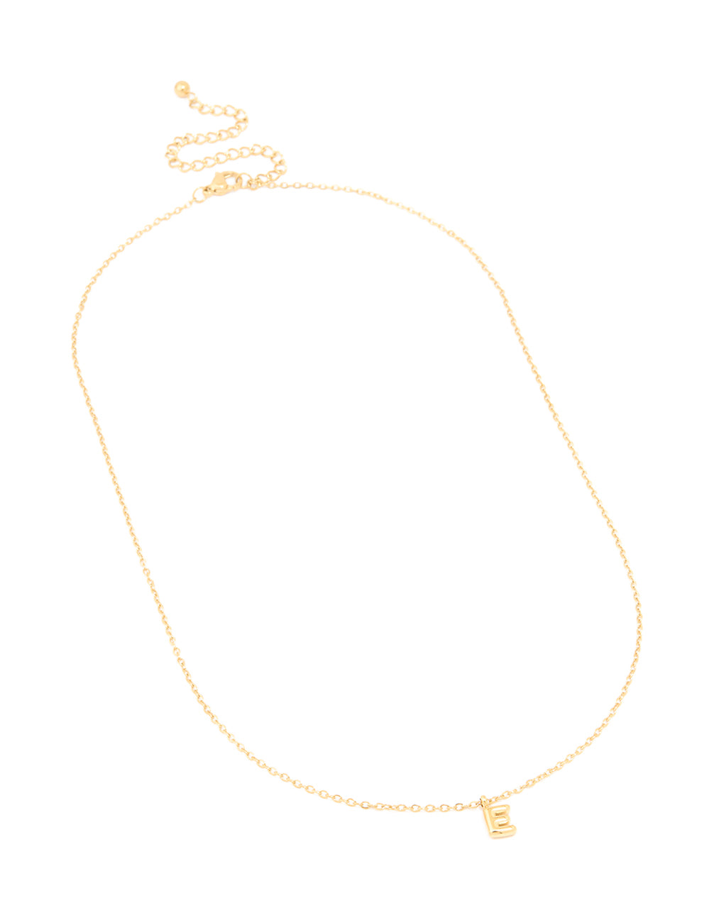 Highlighting a waterproof gold plated stainless steel mini bubble letter E pendant initial necklace in dainty style close up view