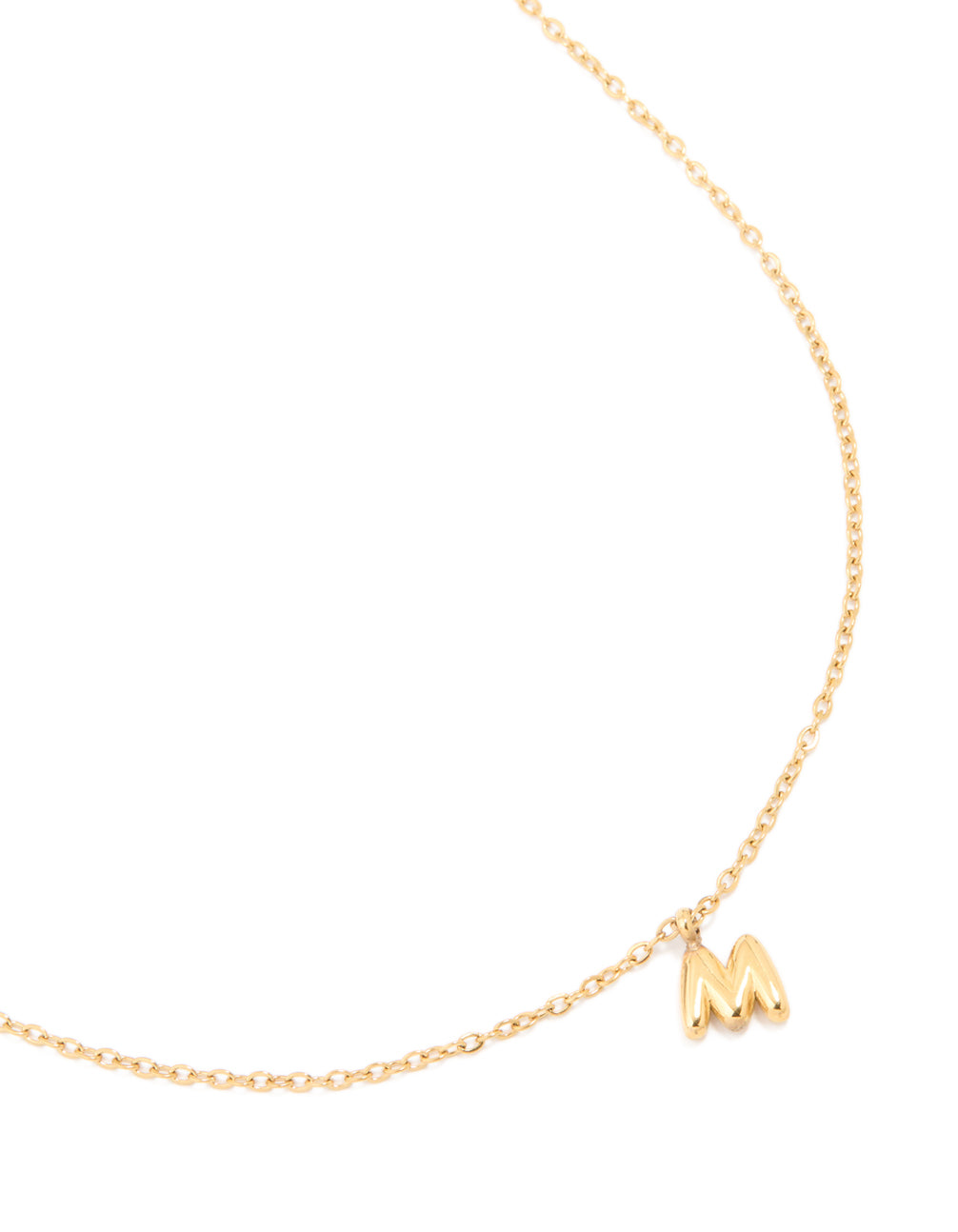 Expertly crafted waterproof letter M necklace in gold plated stainless steel with bubble initial pendant in a dainty style close up view