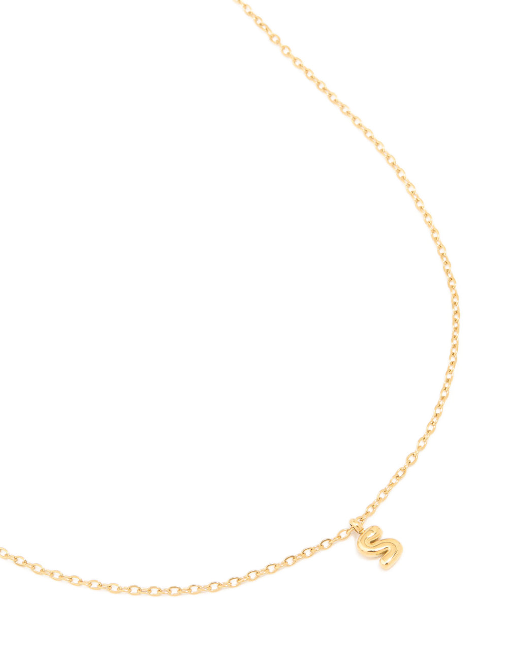 Crafted from waterproof stainless steel with bubble letter S initial pendant necklace in dainty style close up view
