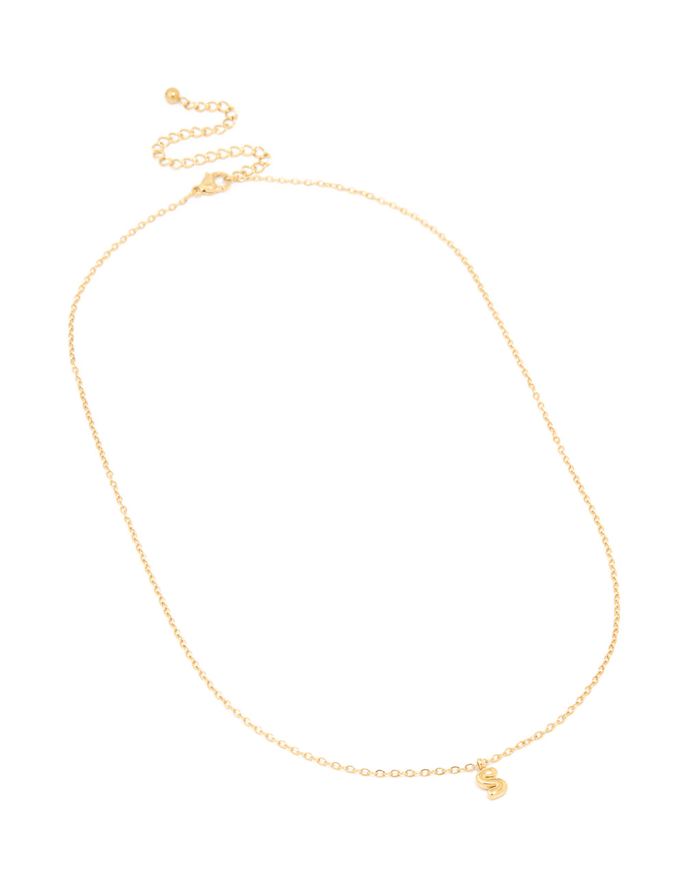 Showcasing waterproof gold plated stainless steel bubble letter S initial pendant necklace with ball detail in dainty style front view