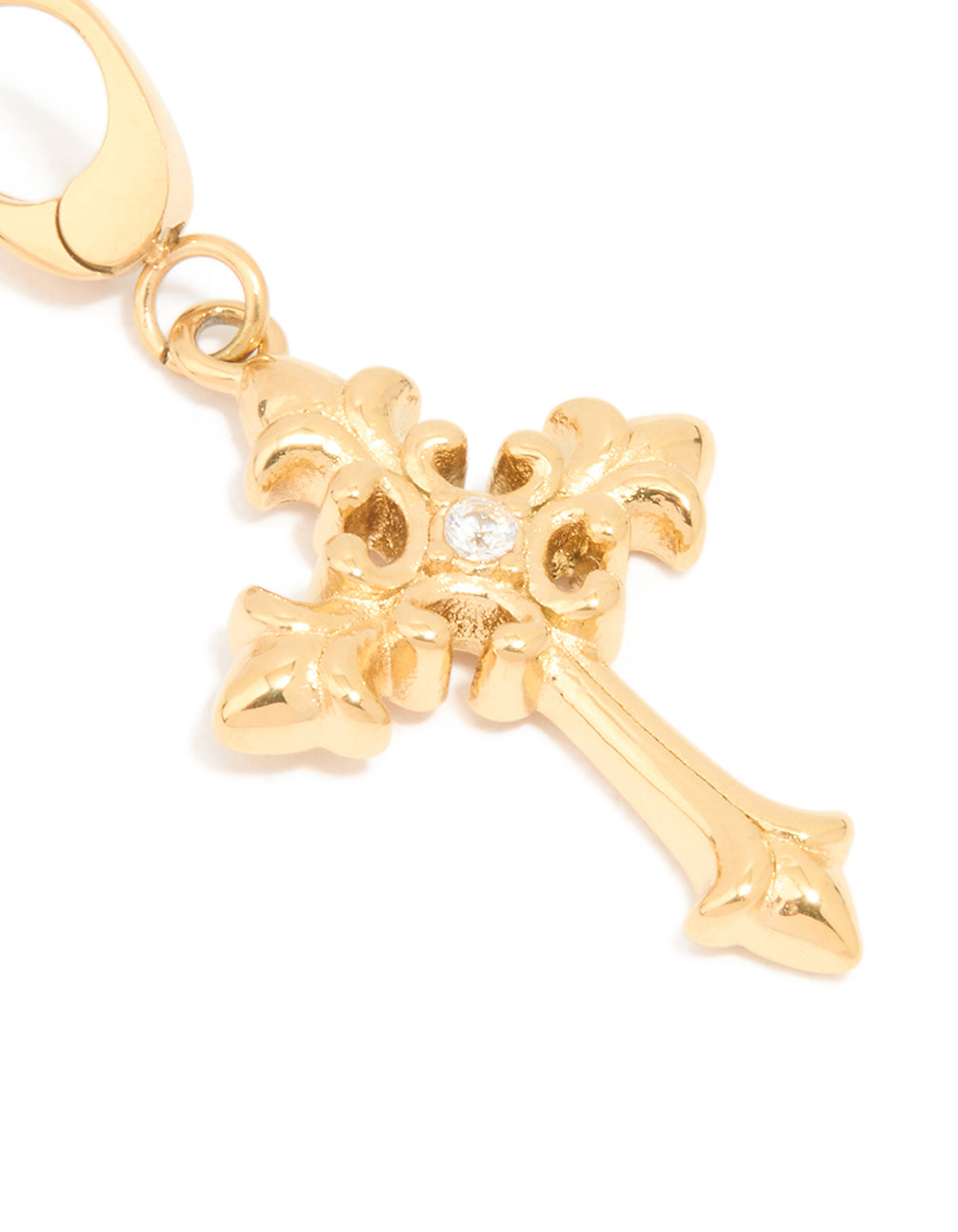 Elegant cross charm with waterproof gold plated stainless steel in dainty design close up view