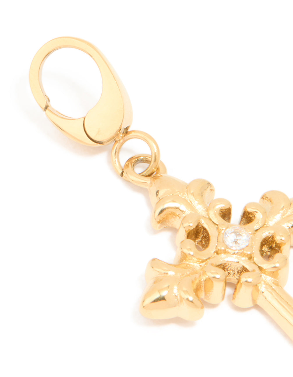 Stunning cross charm in a waterproof gold plated stainless steel featuring dainty clasp detail view