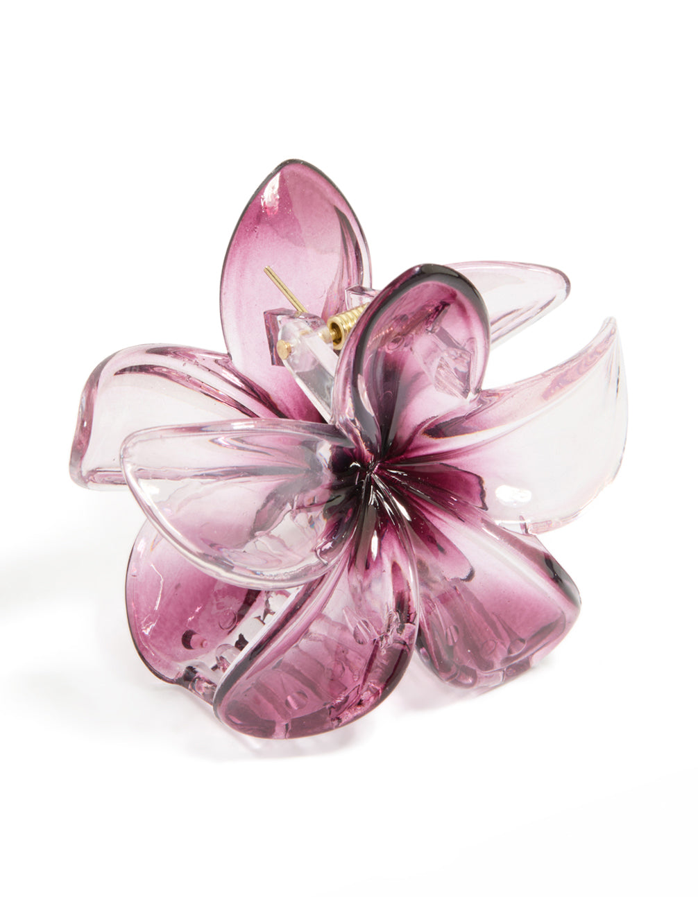 Crafted in dark purple ombre frangipani flower claw clip in plum, thistle, orchid, and gold front view