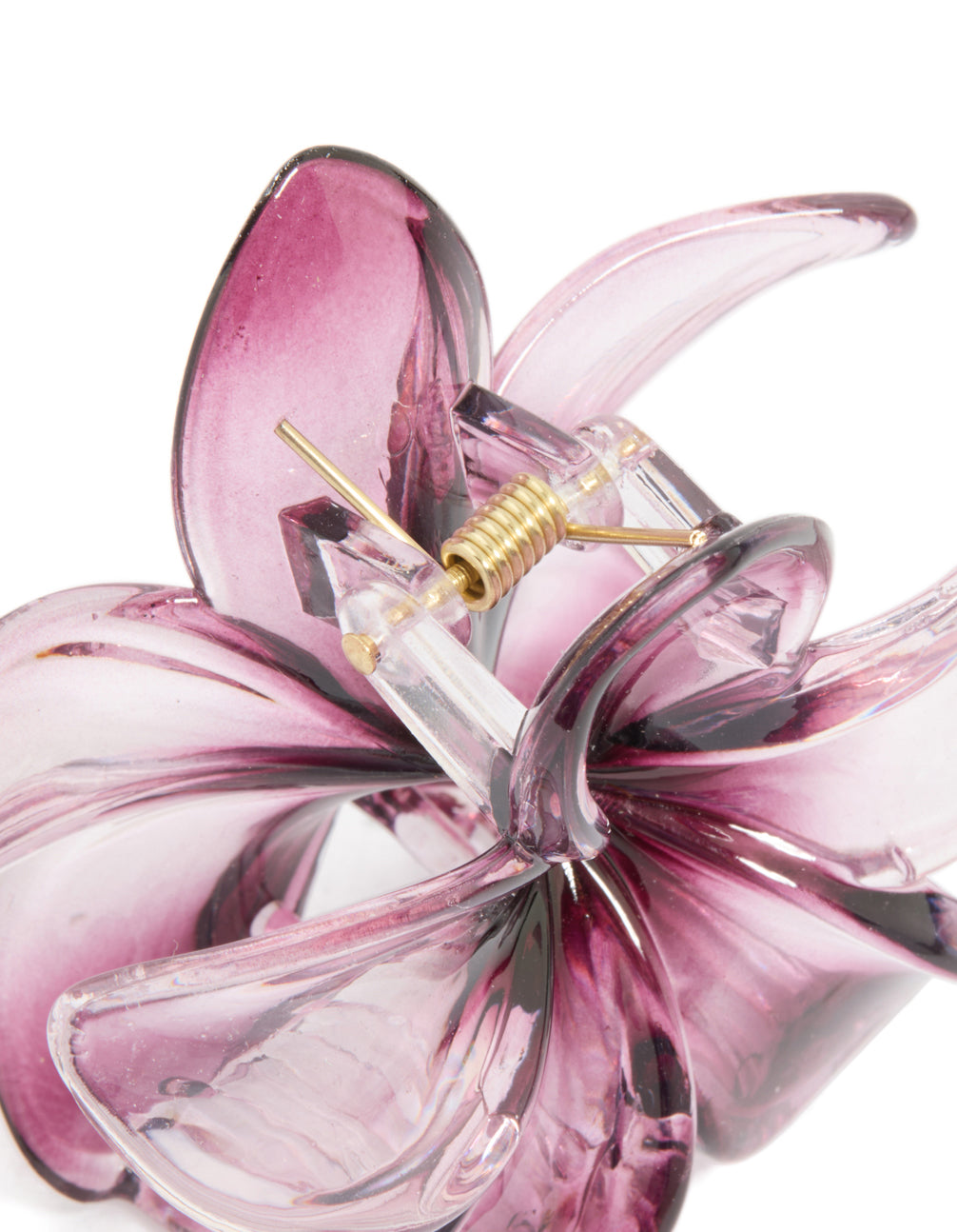 Featuring a dark purple ombre frangipani flower claw clip in plum, thistle, orchid, and gold detail view