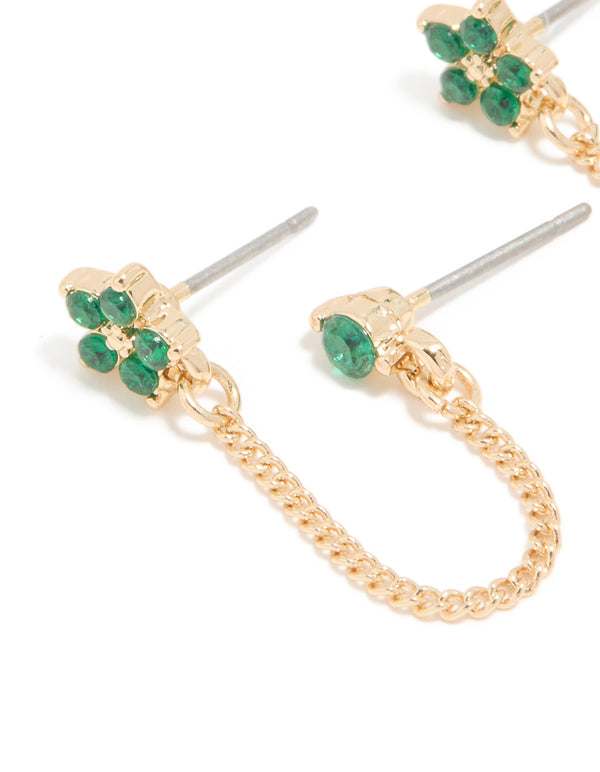 Gold Green Cubic Zirconia Floral Chain & Huggie Earrings 2-Pack