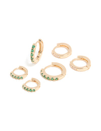 Gold Emerald & Clear Cubic Zirconia Huggie Earrings 3-Pack - link has visual effect only