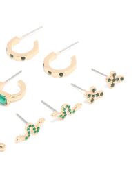 Gold Green Diamante Cross & Snake Earrings 6-Pack - link has visual effect only