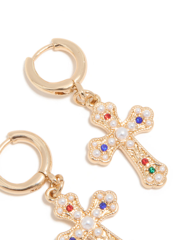 Gold Semi-Precious Stone & Pearl Baroque Cross Huggie Earrings