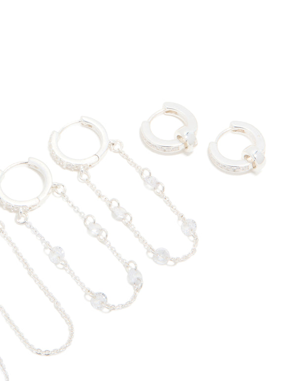 Silver Plated Cubic Zirconia Chained & Rondell Huggie Earrings 4-Pack