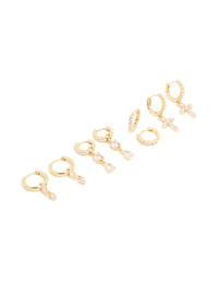 Gold Plated Cubic Zirconia & Cross Drop Huggie Earrings 4-Pack - link has visual effect only