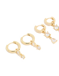 Gold Plated Cubic Zirconia & Cross Drop Huggie Earrings 4-Pack - link has visual effect only