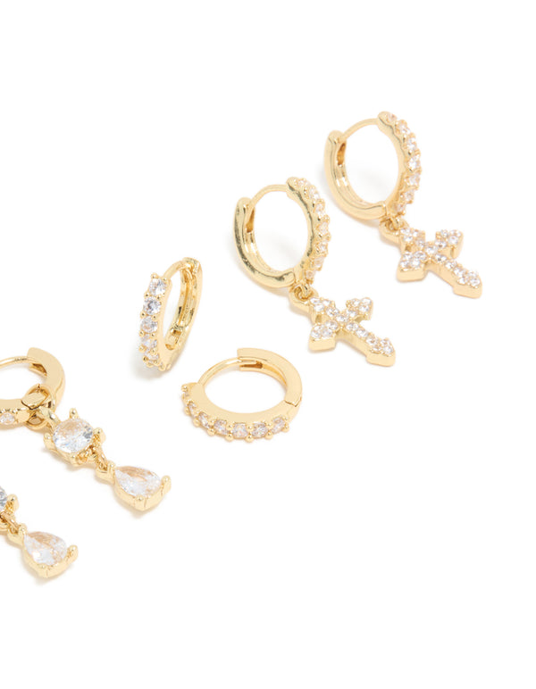 Gold Plated Cubic Zirconia & Cross Drop Huggie Earrings 4-Pack