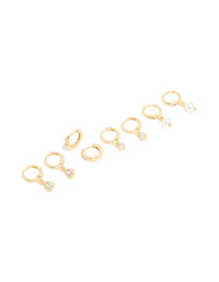Gold Plated Pearl & Cubic Zirconia Drop Huggie Earrings 4-Pack - link has visual effect only
