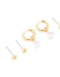 Gold Plated Cubic Zirconia Droplet Huggie & Stud Earrings 4-Pack - link has visual effect only