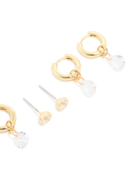 Gold Plated Cubic Zirconia Droplet Huggie & Stud Earrings 4-Pack - link has visual effect only