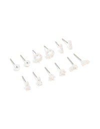 Silver Plated Cubic Zirconia Dainty Motif Stud Earrings 6-Pack - link has visual effect only