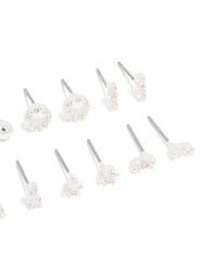 Silver Plated Cubic Zirconia Dainty Motif Stud Earrings 6-Pack - link has visual effect only