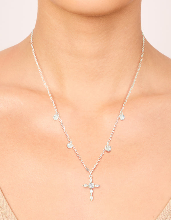 Silver Plated Cubic Zirconia Floating Cross Pendant Necklace