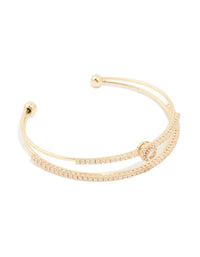 Gold Plated Cubic Zirconia Round Front Layered Wrist Cuff - link has visual effect only