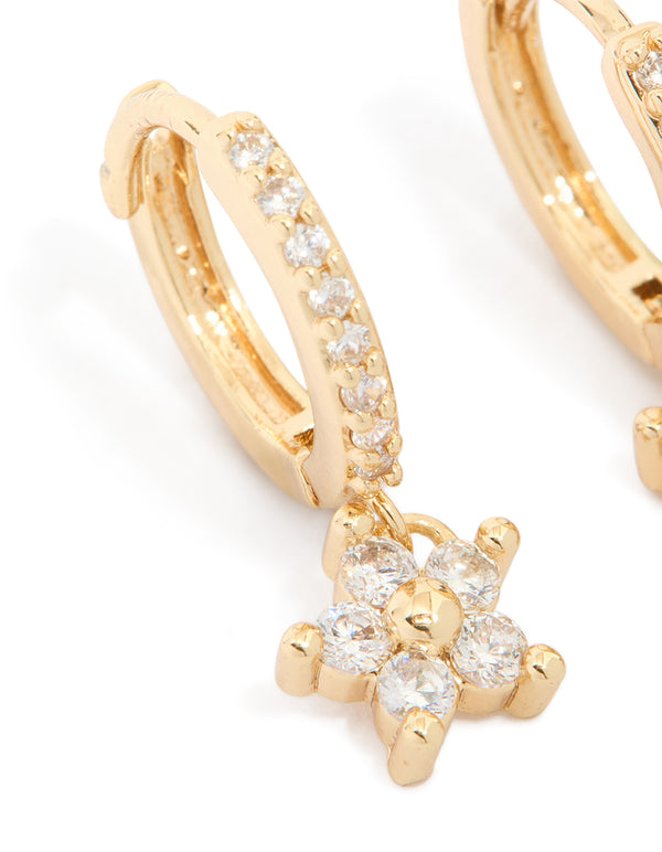 Gold Plated Cubic Zirconia Flower Pendant Huggie Earrings