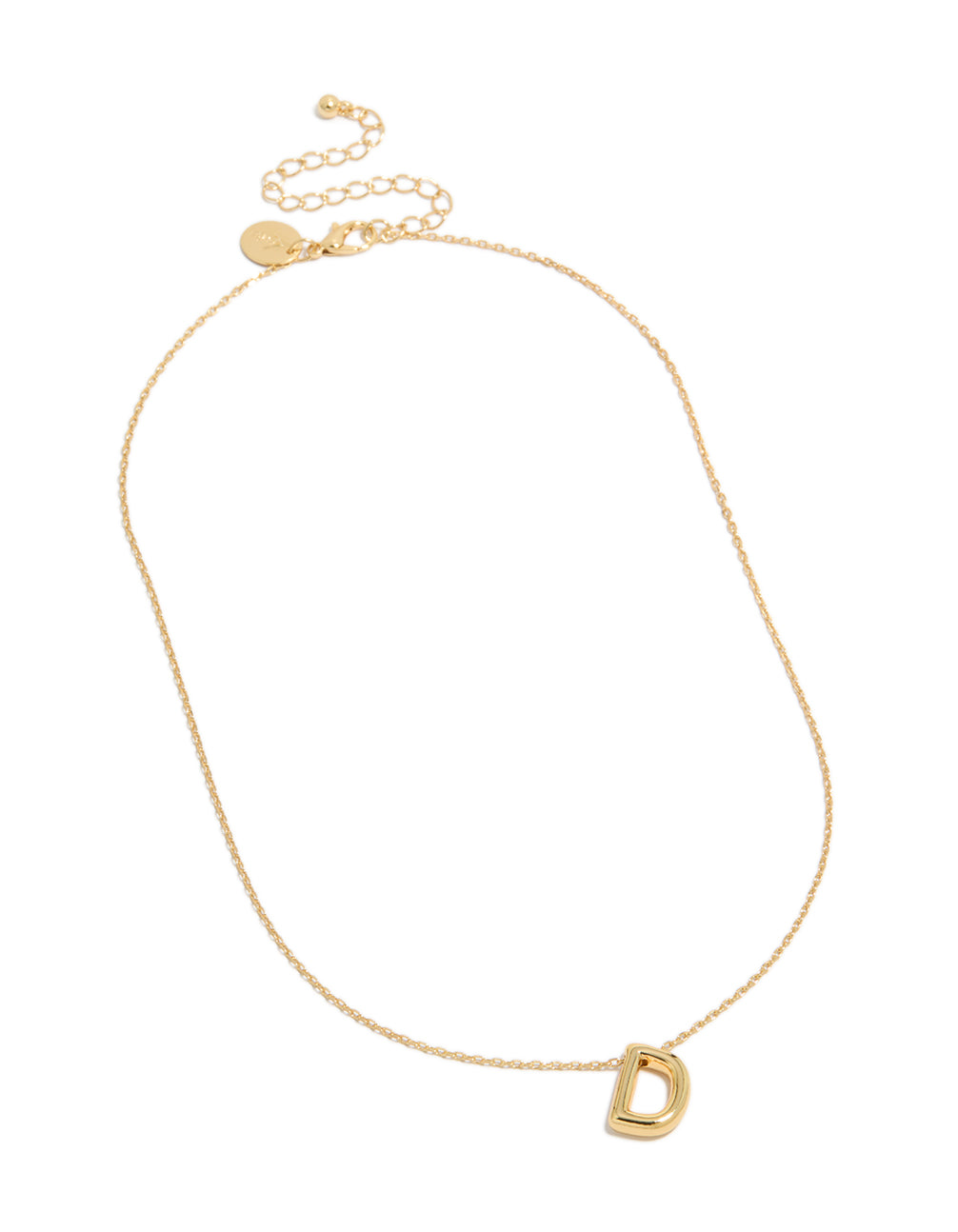Explore this gold plated bubble letter D necklace with initials featuring pendant in dainty style front view