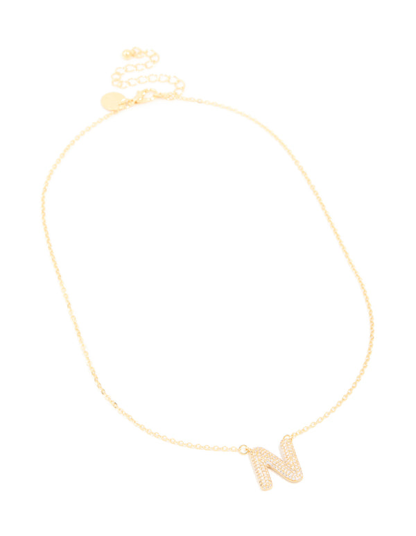 Gold Plated Cubic Zirconia Pave Letter N Necklace